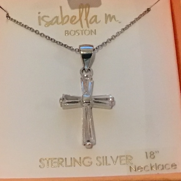 Isabella M. Sterling Silver & Clear Stones Cross Pendant Necklace 18" Long - Picture 3 of 5